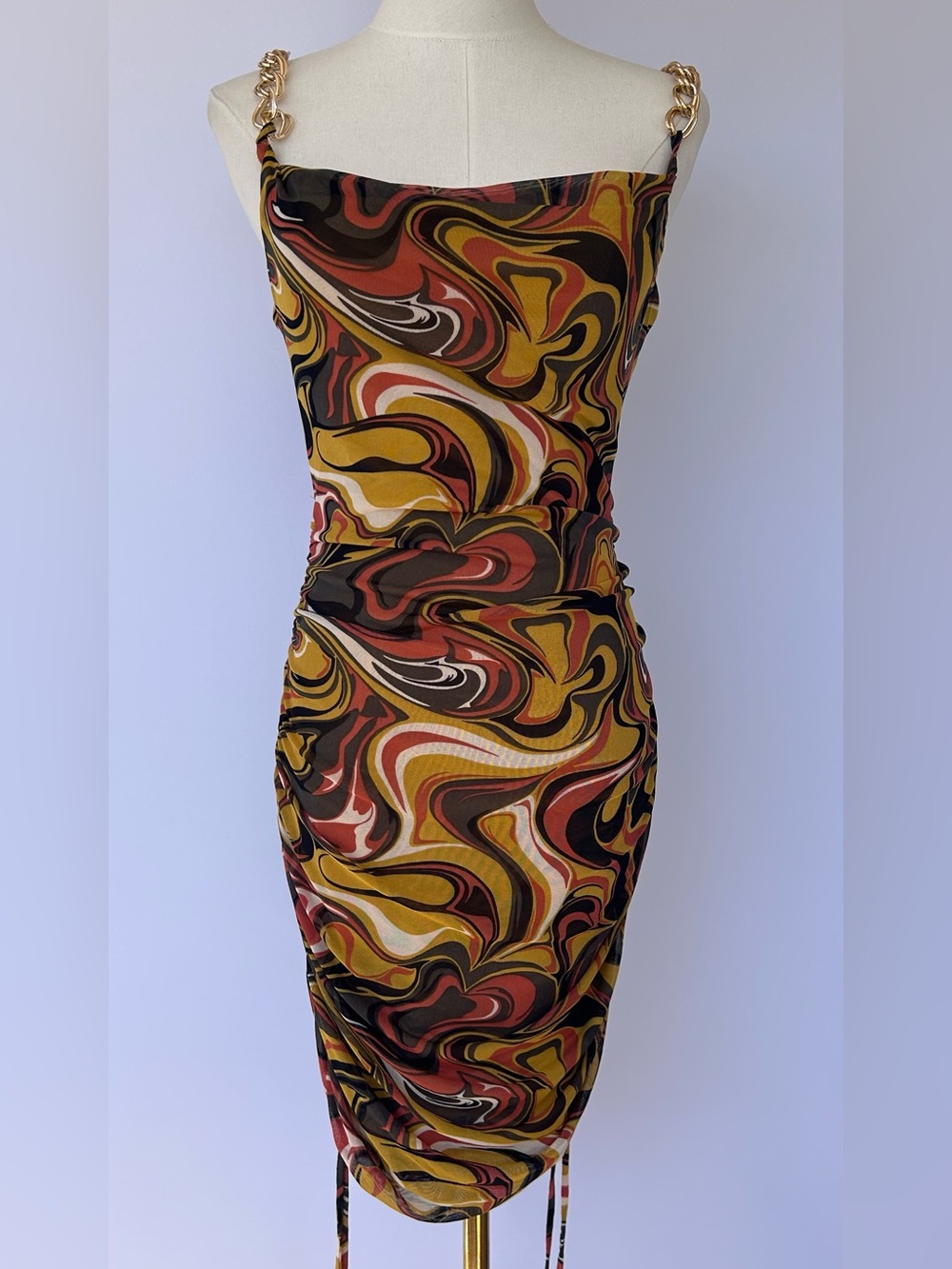 Just Polly New York Women’s Ruched Body Con Dress Abstract Marble Swirl Print M
